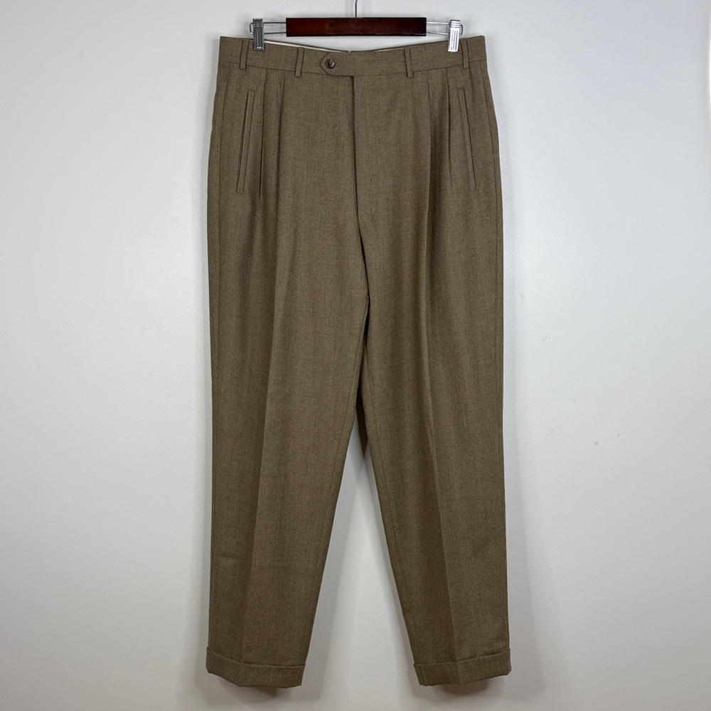 Corneliani Trousers Mens 34 x 31 Tan Brown Wool Flannel Pleated Dress Pants